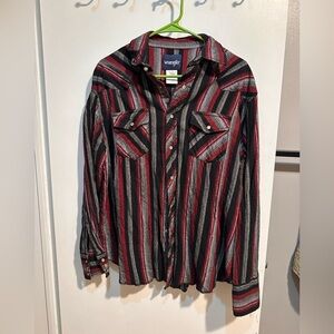 Vintage Wrangler red and black striped pearl snap button down long sleeve